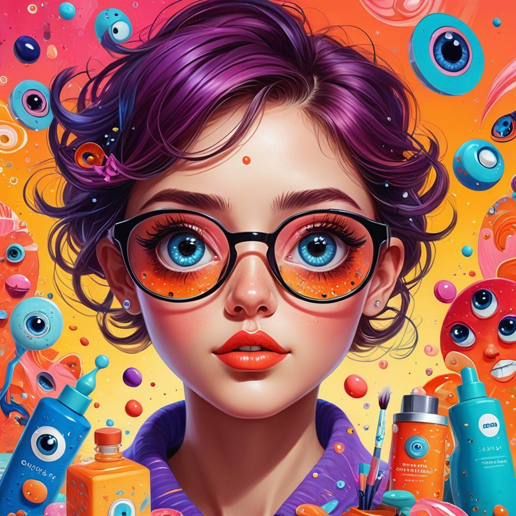 A whimsical and surreal illustration blending visual elements of adult animation and eye wellness. Include playful characters with oversized, expressive eyes surrounded by colorful eye care products, such as glasses and eye drops. Incorporate abstract patterns symbolizing creativity and imagination, merging themes of hentai and vision care. Bright colors should enhance the vibrancy of the scene while retaining a tasteful and artistic approach. cartoon style. vibrant colors. surreal.